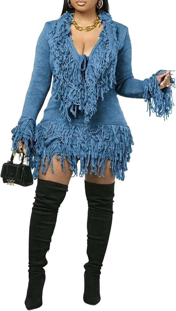 Famnbro Women 2 Piece Sweater Skirt Set V Neck Tassel Sweaters and Fringe Mini Bodycon Skirt Sexy... | Amazon (US)