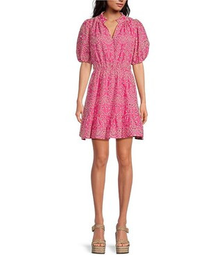 Rosie Eyelet Floral Split V-Neck Short Sleeve Mini A-Line Dress | Dillard's