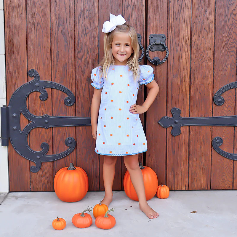 Pumpkin Schiffli Light Blue Gingham Eleanor Dress | Classic Whimsy