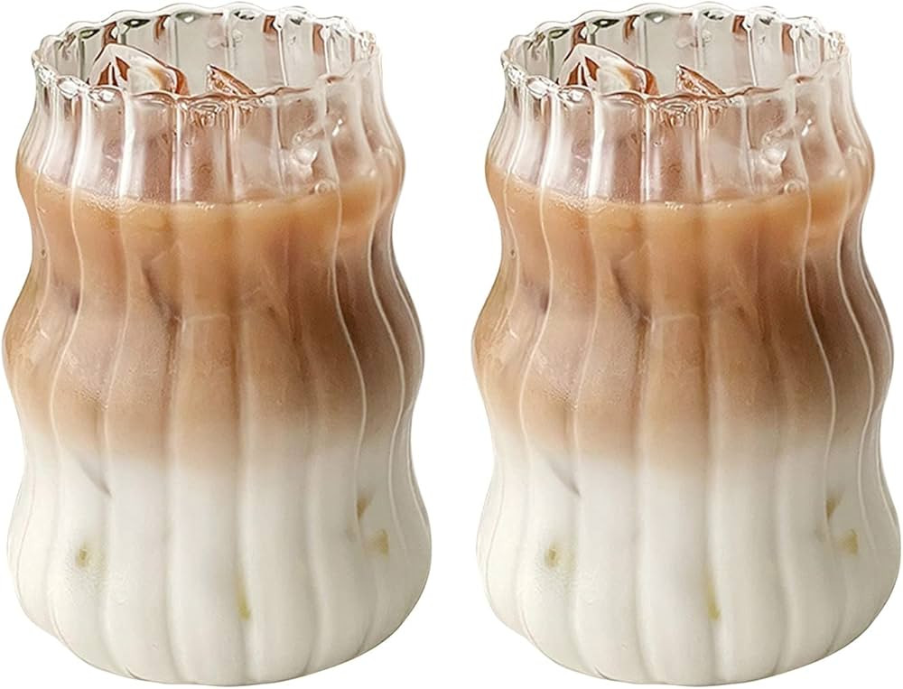 2 Pcs Ribbed Glassware Drinking Glasses, Ripple Glass Cups 18 oz Gourd Shape Iced Coffee Cups, Wa... | Amazon (US)