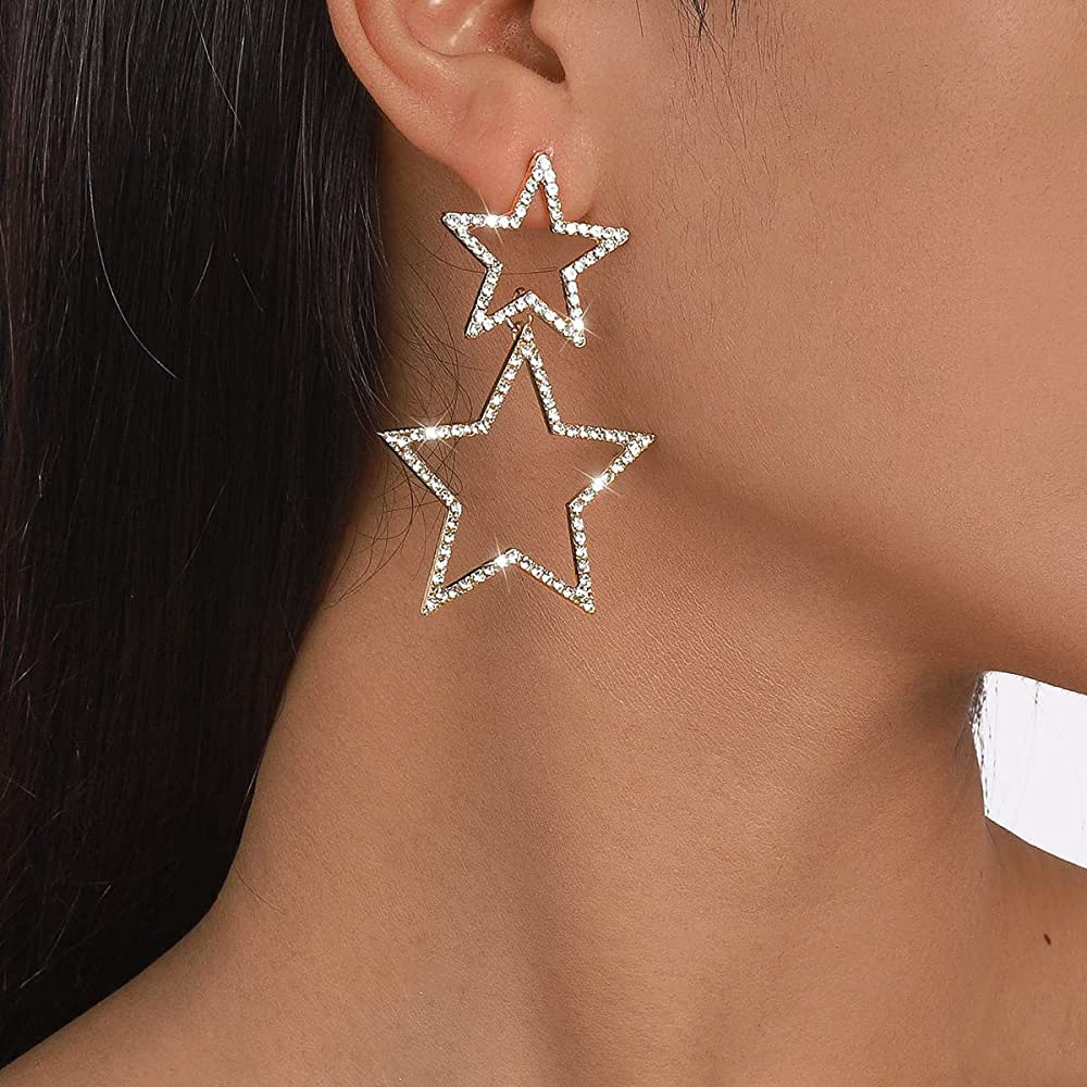Chargances Rhinestone Star Dangle Hoop Earrings Sparkly Crystal Big Star Earrings Boho Statement ... | Amazon (US)