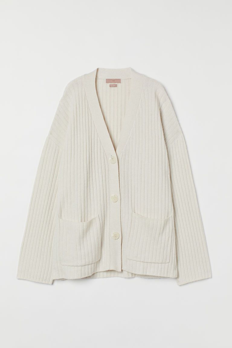 H & M - Rib-knit Merino Wool-blend Cardigan - Beige | H&M (US + CA)