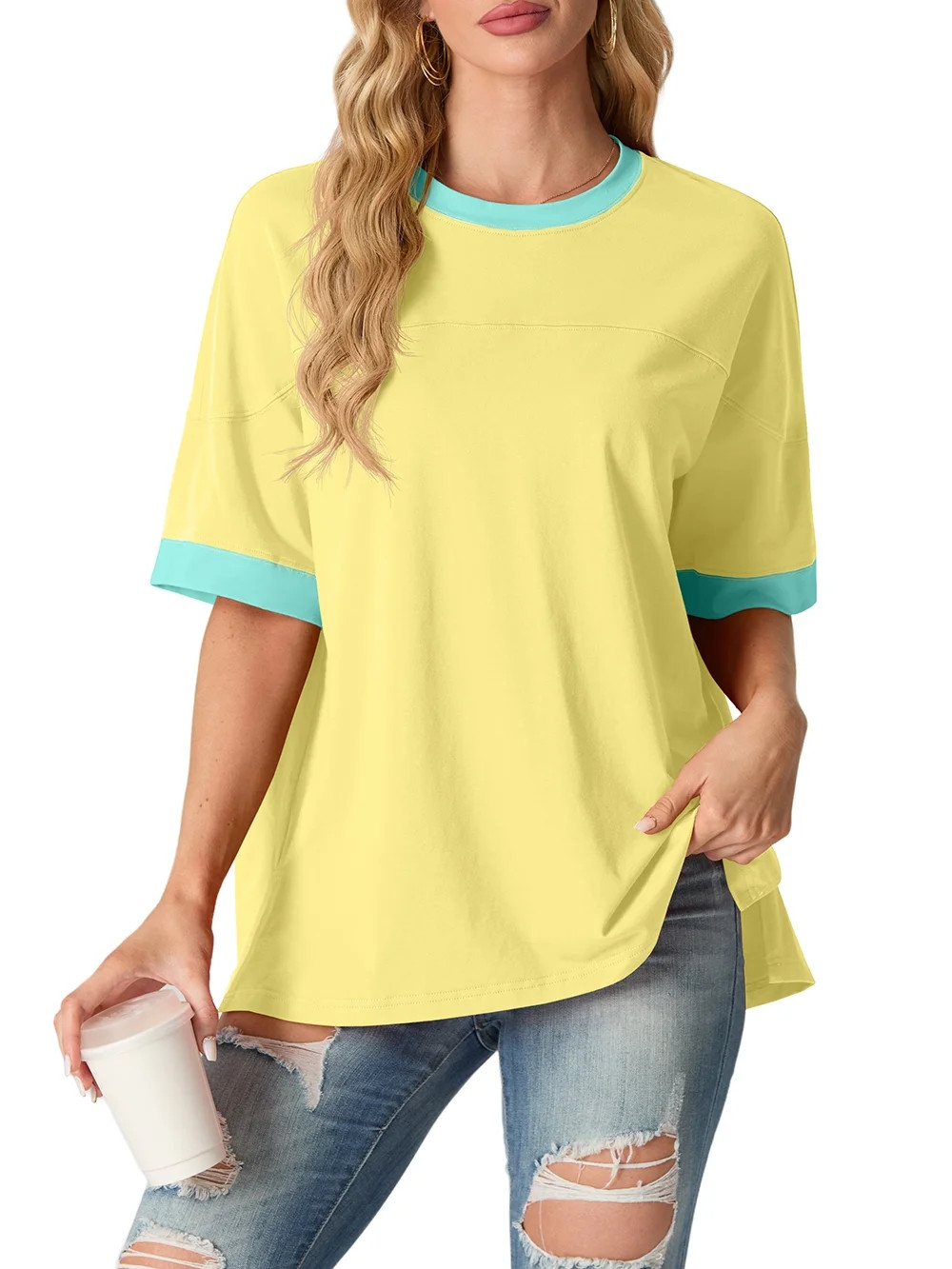 JWD Women's Top Short Sleeved T-Shirt Round Neck Casual Blouses Patchwork Split Hem Tee Top Light... | Walmart (US)