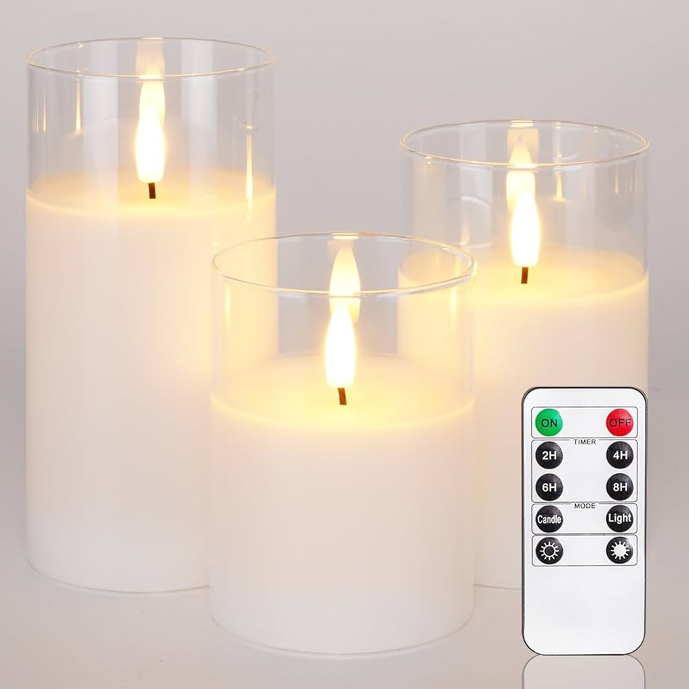 Homemory Clear Glass Flameless Candles, Pure White Wax Battery Operated Candles, LED Pillar Candl... | Amazon (US)