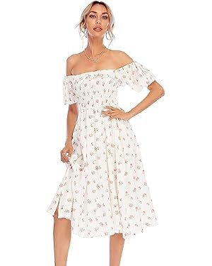 R.Vivimos Womens Summer Floral Print Puff Sleeves Vintage Ruffles Midi Dress | Amazon (US)