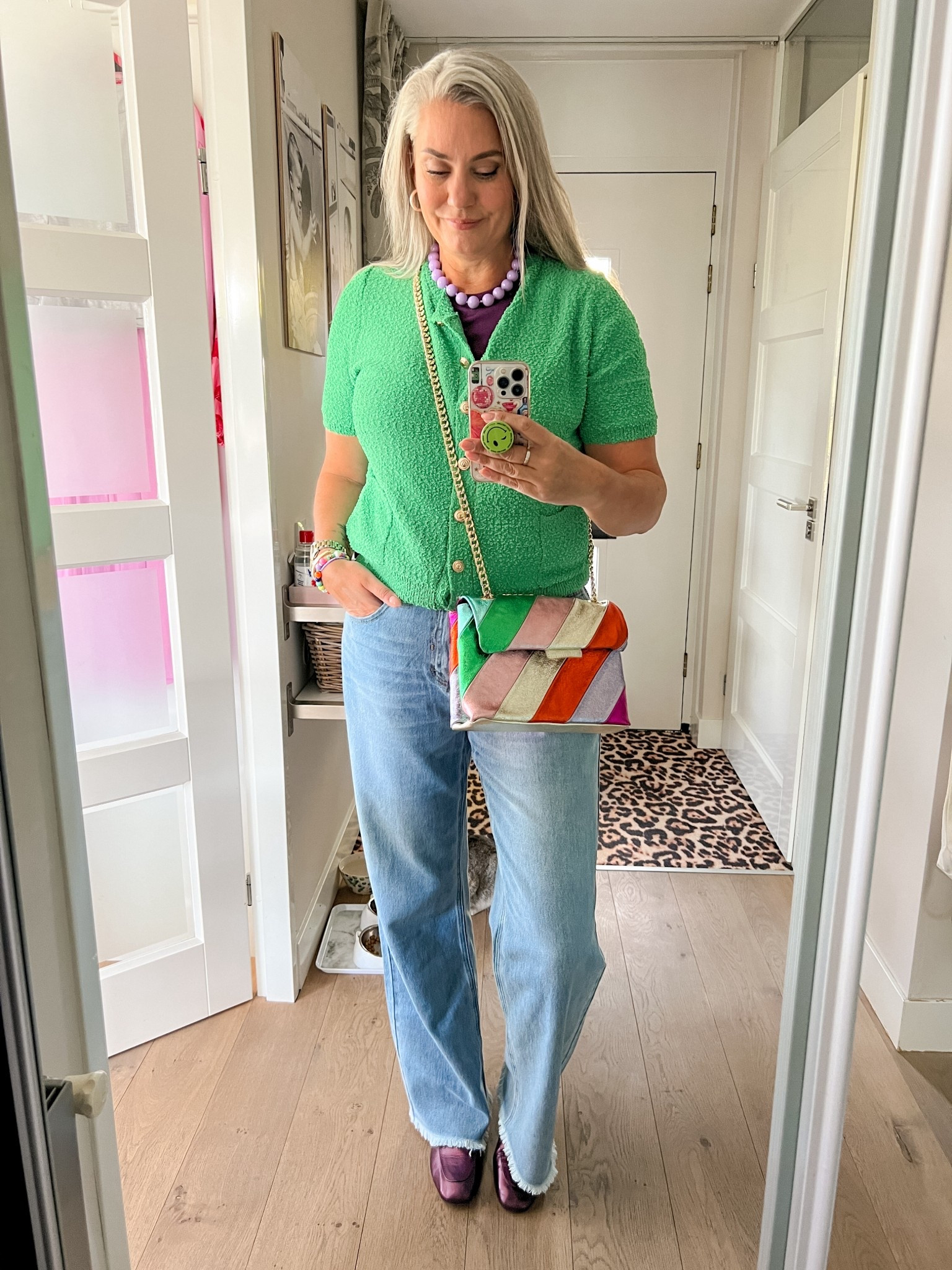 Ootd - Friday. Green cardigan and jeans, both Norah (current, 42). Purple Uniqlo t-shirt, lilac bead necklace, purple loafers and metallic rainbow bag (old). 
Email


#LTKspring #LTKnederlands #LTKeurope