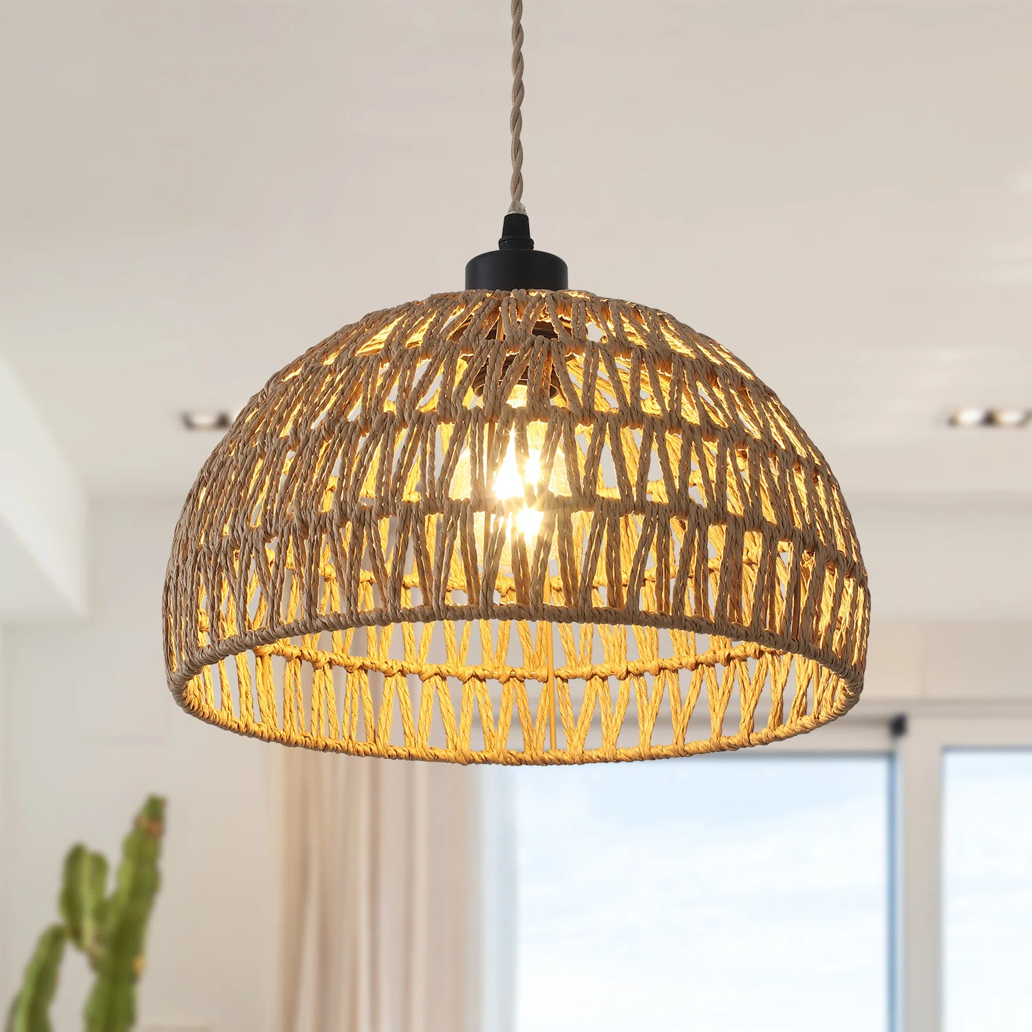 Derica 1 - Light 11.81in. Plug-In Woven Rattan Dome Pendant with Rope Accents Boho Style, 14.76 f... | Wayfair North America