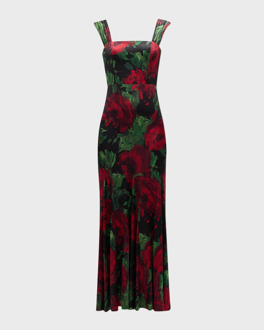 Arza Floral-Print Godet-Pleated Maxi Dress | Neiman Marcus