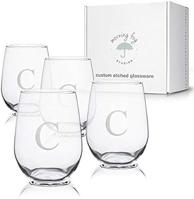 Monogrammed Stemless Wine Glasses Set of 4, Barware Glassware with Sandblasted Monograms, 17 oz C... | Amazon (US)