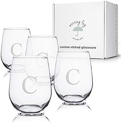 Monogrammed Stemless Wine Glasses Set of 4, Barware Glassware with Sandblasted Monograms, 17 oz C... | Amazon (US)