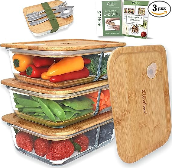 EcoPreps Glass Meal Prep Containers with Bamboo Lids, 2 Compartment Glass Bento Box Containers【... | Amazon (US)