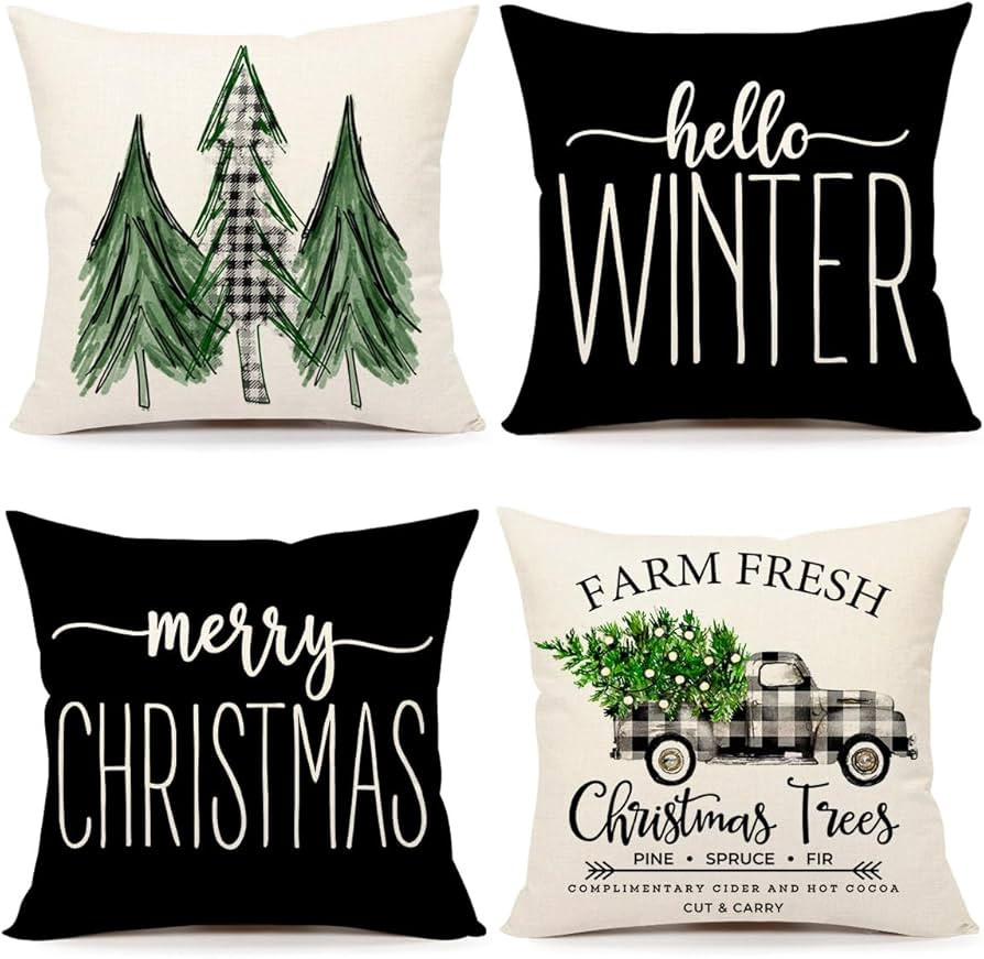 4TH Emotion Gray Black Christmas Pillow Covers 18x18 Set of 4 Farmhouse Xmas Decorations Merry Ch... | Amazon (US)