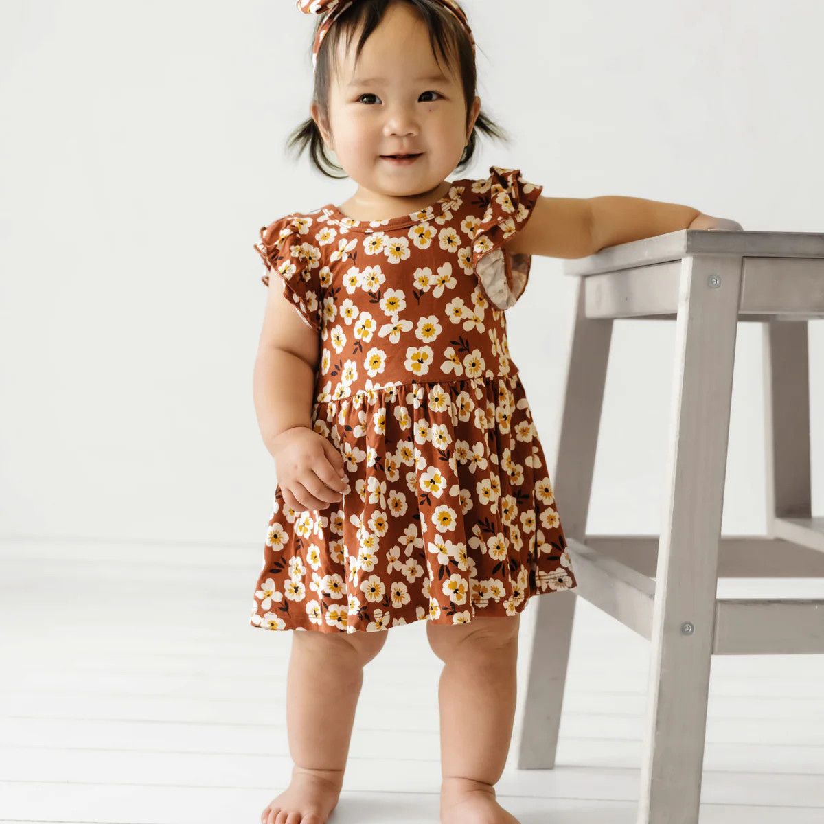 Mocha Blossom Flutter Sleeve Twirl Dress with Bodysuit | Little Sleepies