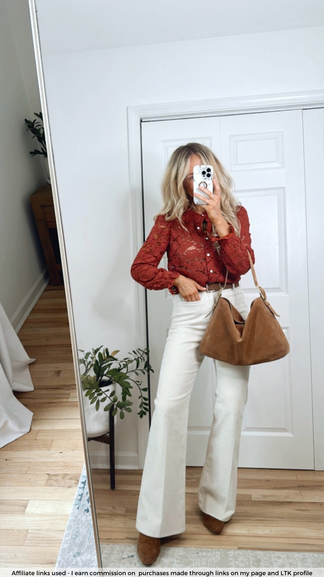 Fall transition outfit

Berry red lace top
Ecru corduroy pants
Suede bag
Fall boots