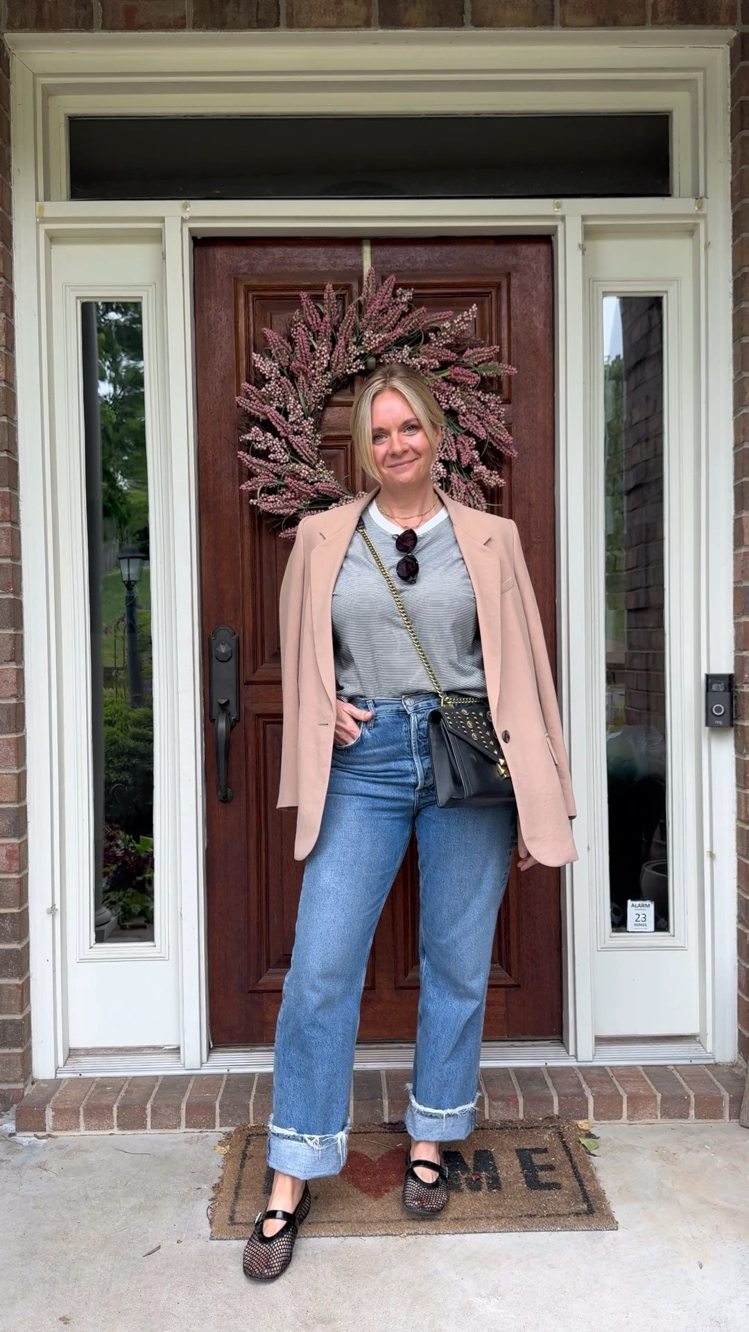 OOTD for a day of client appointments ✨ Camel blazer draped + striped tee + relaxed denim with a big cuff + mesh Mary Jane flats + crossbody bag. All from my own closet and most pieces are still shoppable — linked everything below! 👇

#LTKdayinmylife #LTKootd #LTKOver40