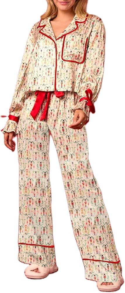 Women Silk Christmas Pajamas 2 Piece Satin Ribbon Tie Front Pjs Xmas Graphic Long Sleeve Shirt Pa... | Amazon (US)