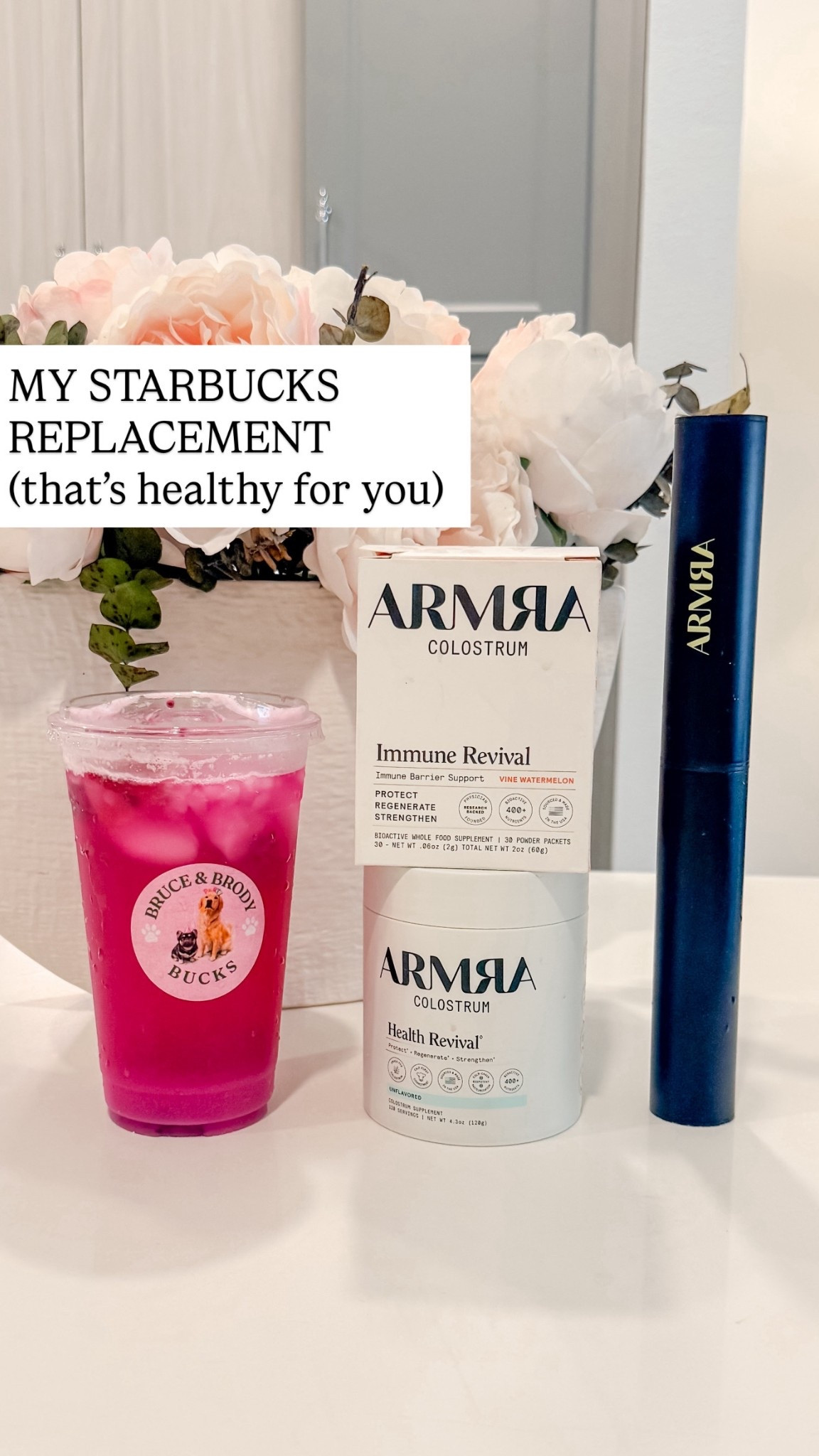 The ingredients for my new go-to Starbucks replacement drink (that helps me hit my goals instead of keeping me from them) 

Just mix water, light lemonade, ARMRA colostrum, dragon fruit chunks and freeze dried strawberries (optional: hint of watermelon 🍉 juice) 

I measure with my 💗 which also makes this go super quick 

#LTKfitnessgoals #LTKmorningroutine #LTKgrwm