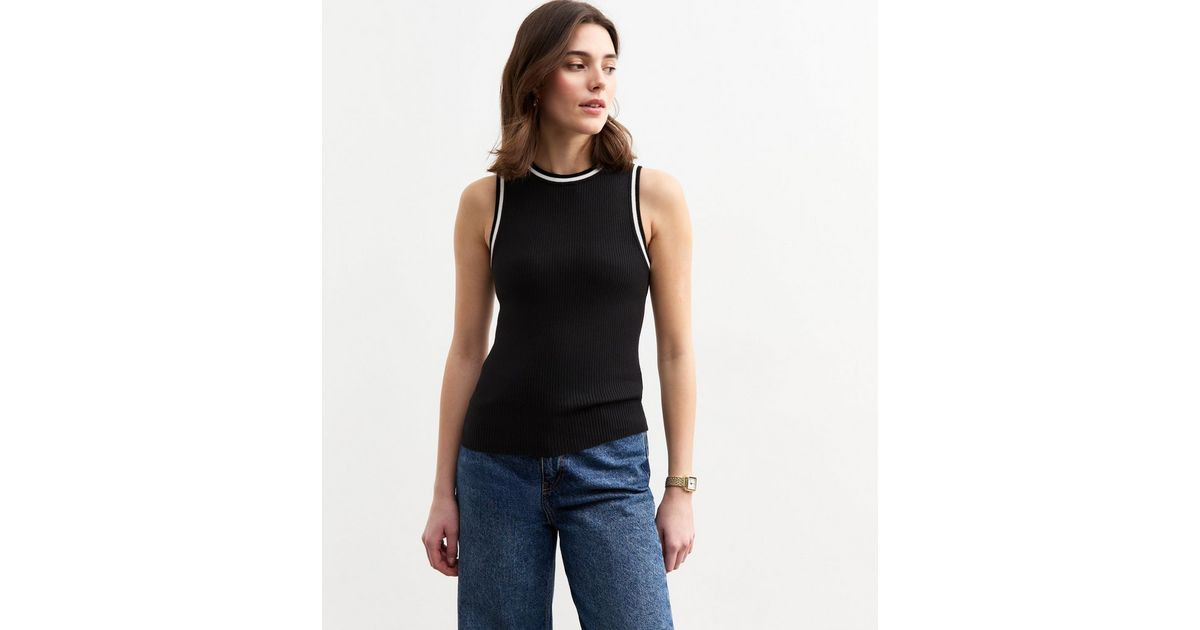 Black Contrast Tip Ribbed Vest | New Look | New Look (UK)