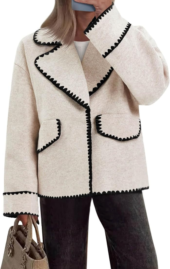 Cicy Bell Womens Cropped Wool Jacket Embroidered Contrast Trims Blazer Fall Short Pea Coat with P... | Amazon (US)