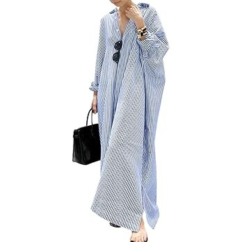 chouyatou Women's Casual Long Sleeve Button Down Loose Striped Cotton Maxi Shirt Dress (Large, Bl... | Amazon (US)