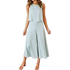 ROYLAMP Women's Summer 2 Piece Outfits Round neck Crop Basic Top Cropped Wide Leg pants Set Jumps... | Amazon (US)