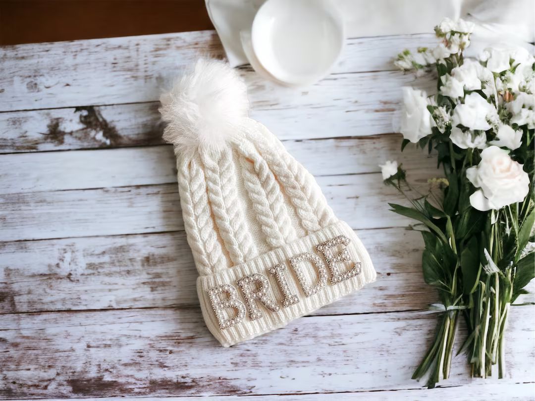 Personalized pearl winter pom pom hat in ivory, black or pink | Bridal Gifts | Birthday Gifts | Etsy (US)