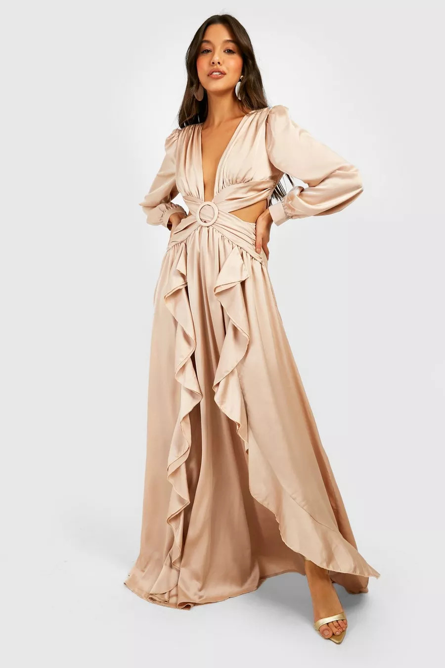 Satin Ruffle Plunge Maxi Dress | Boohoo.com (US & CA)
