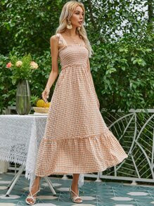 Gingham Shirred Tie Shoulder Cami Dress SKU: swdress23210312153(1000+ Reviews)$15.00Make 4 paymen... | SHEIN