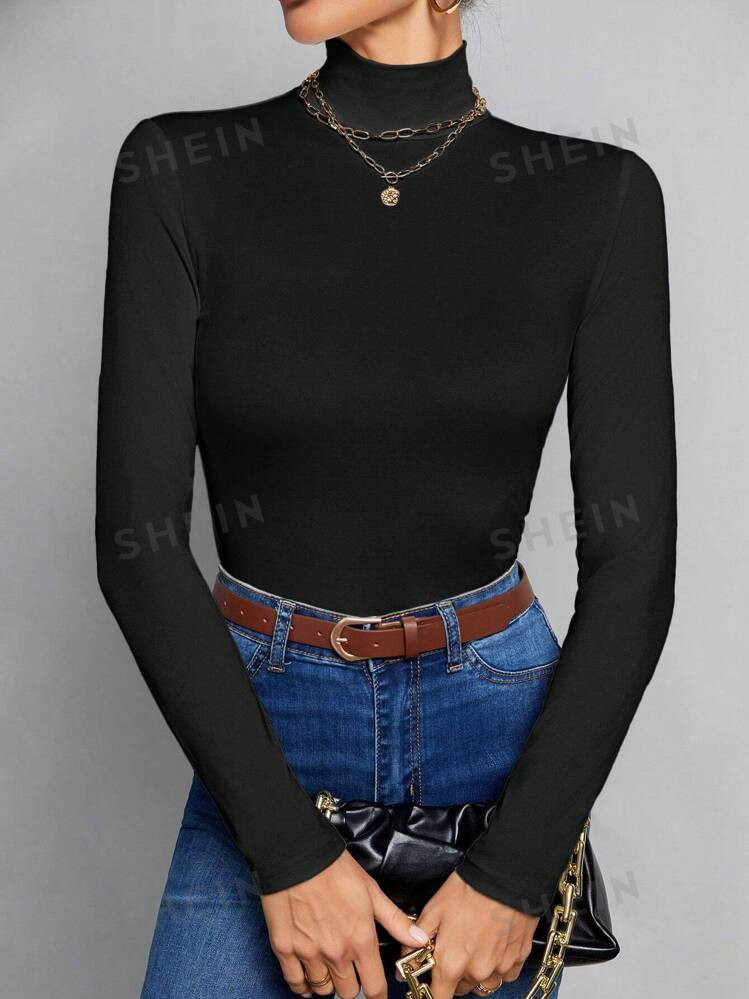 SHEIN Tall Simple Solid Color Slim High Collar Top Suitable For Autumn And Winter | SHEIN USA | SHEIN