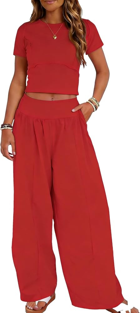 Zontroldy Women's 2 Piece Sweatsuits Sets Casual Cropped Top Sets Short Sleeve Shirts Athletic Tr... | Amazon (US)