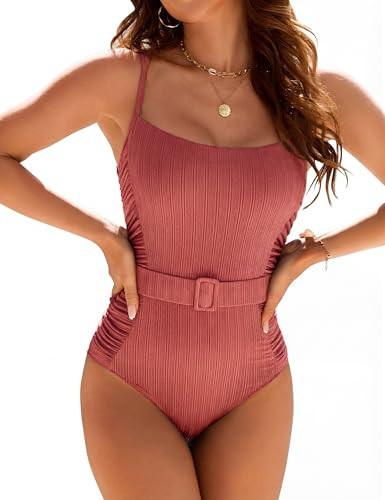 Blooming Jelly Womens One Piece Swimsuit Tummy Control Beltd Ruched Textured Bathing Suit 2026 Ladies Modest Slimming Retro Vintage Cute Swimwear (Small, Brick Red) | Amazon (US)