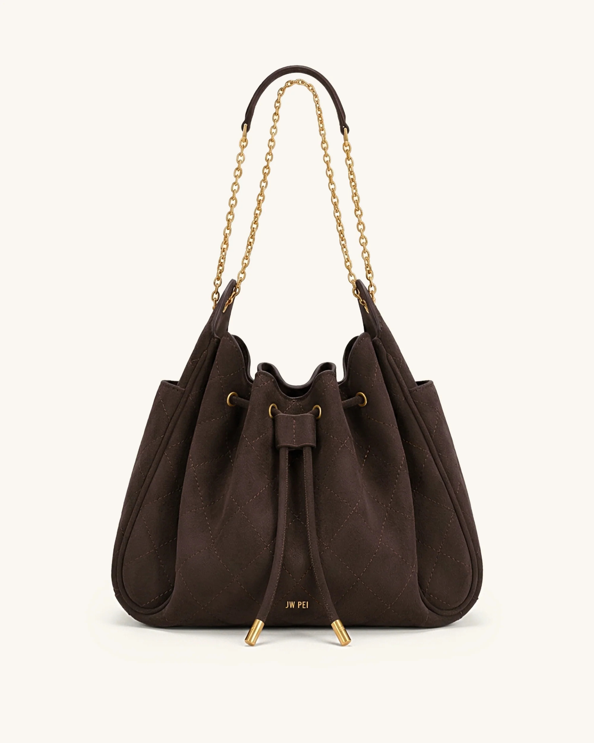 Rowan Faux Suede Quilted Chain Bucket Bag - Dark Brown | JW PEI US