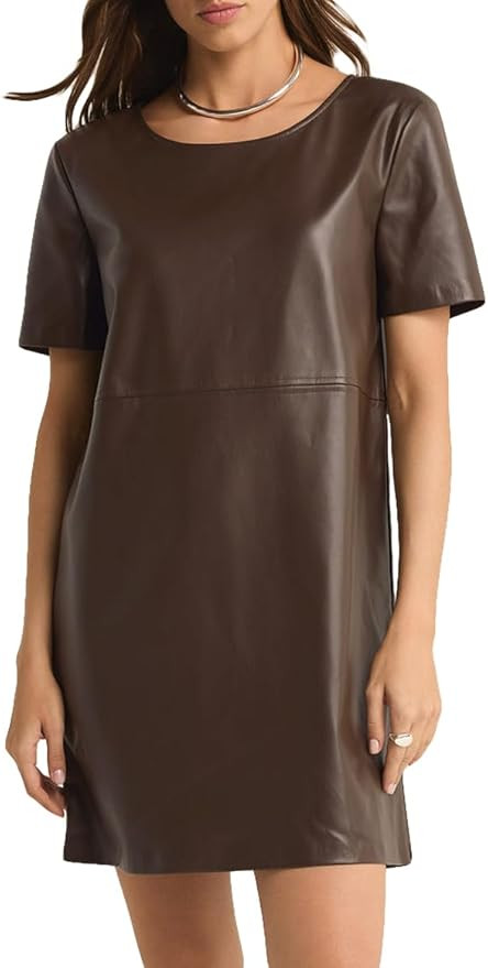 Women's Faux Leather Mini Dress Short Sleeve Leather Tunic Dress A-Line Party Dress | Amazon (US)