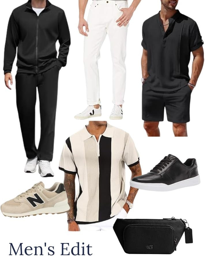 Men’s black + cream outfit edit 🖤🤍 Clean, easy pieces that work for casual days, date night, travel, and weekend plans. Loving the mix of a relaxed black set, cream denim, neutral sneakers, black leather sneakers, a statement knit polo, and a sleek belt bag. Linking everything + similar finds on my LTK!

#LTKMens #LTKStyleTip #MensFashion #MensOutfit #NeutralStyle #CasualMensStyle #MensEdit #WeekendOutfit #TravelStyle #BlackAndWhiteOutfit 

 #LTKMens