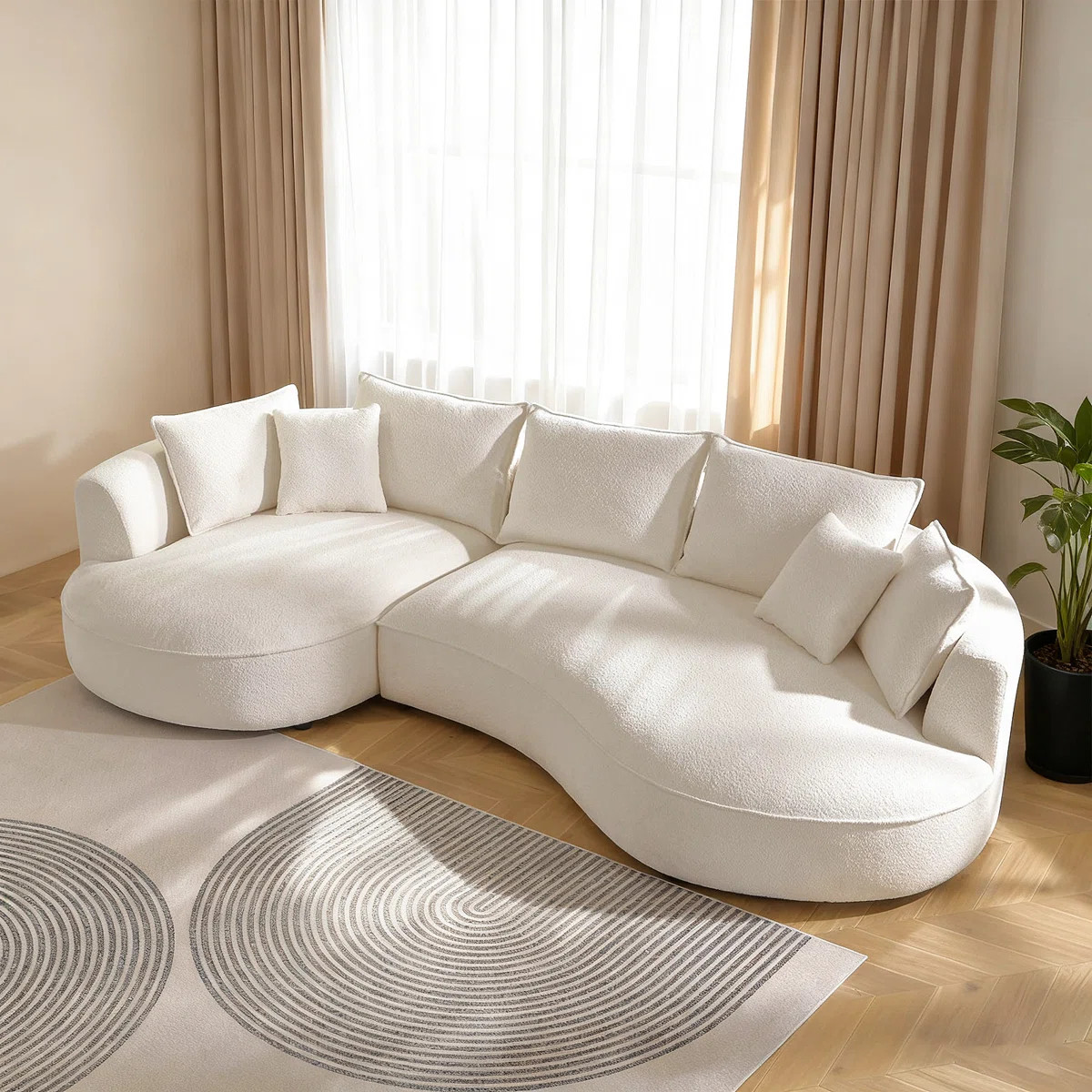 125" Curved Boucle Sectional Sofa With Chaise And 7 Pillows | Wayfair North America