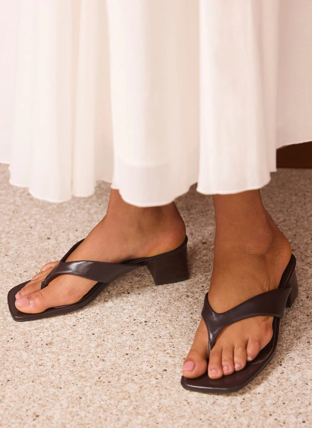 Millie Brown Leather Block Flip Flop Heels | Mint Velvet - US