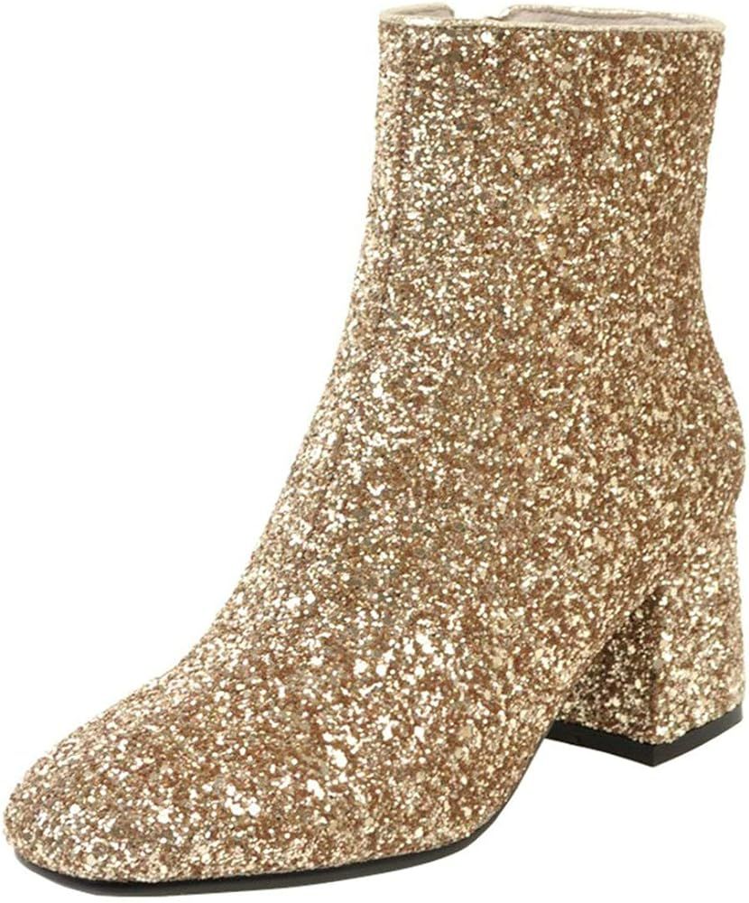 MAVMAX Women's Sequin Glitter Ankle Boots Chunky Heels Sparkly Booties | Amazon (US)