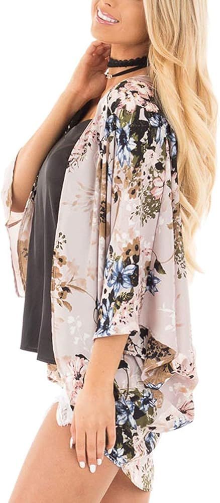 Chunoy Women Floral Print Lightweight Chiffon Kimono Cardigan Short Sleeve Loose Beach Wear Cover Up | Amazon (US)