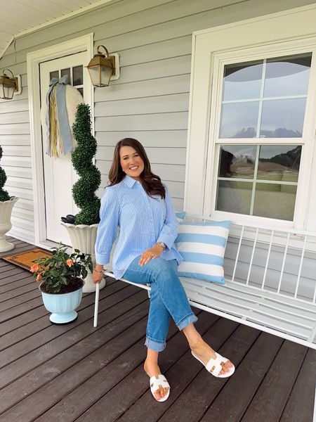 Blue & white! My favorite clothing and decor colors🤍🦋 

This Grandmillenial look is a favorite! Linked my Crown and Ivy jeans and white Hermes inspired sandals. Also my blue and white button up! Everything is on major sale! 

#LTKstyletip #LTKsalealert #LTKfindsunder50