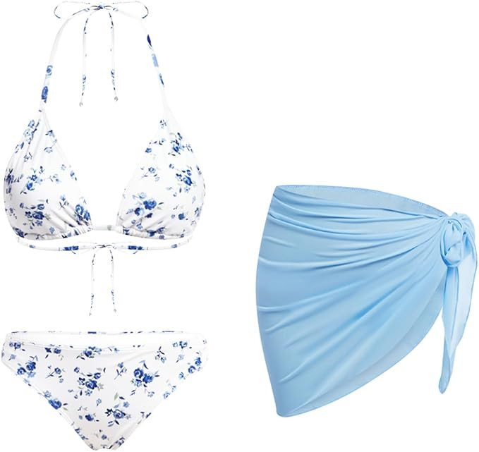 Women's 3 Piece Sexy Triangle Bikini Set with Sheer Mesh Sarong Cover Up - Halter Swimsuit for Be... | Amazon (US)