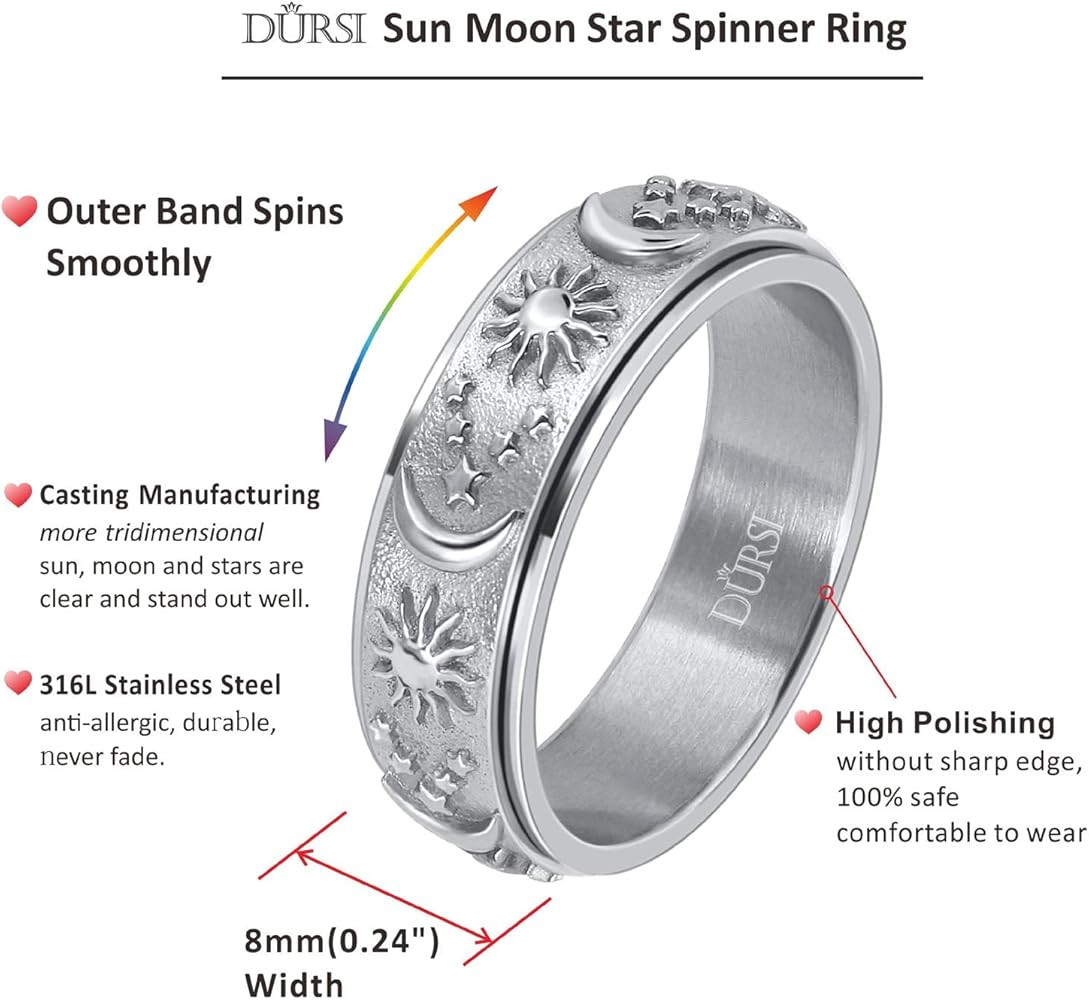 Sun Moon and Star Spinner Fidget Ring for Anxiety for Men Women Stainless Steel Rotating Engageme... | Amazon (US)