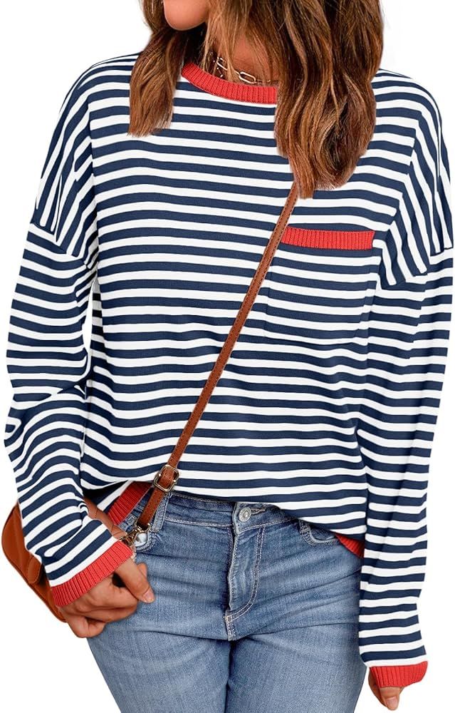 LILLUSORY Womens Oversized Striped Soft Knit Pullover Sweater Shirts with Chest Pocket | Amazon (US)