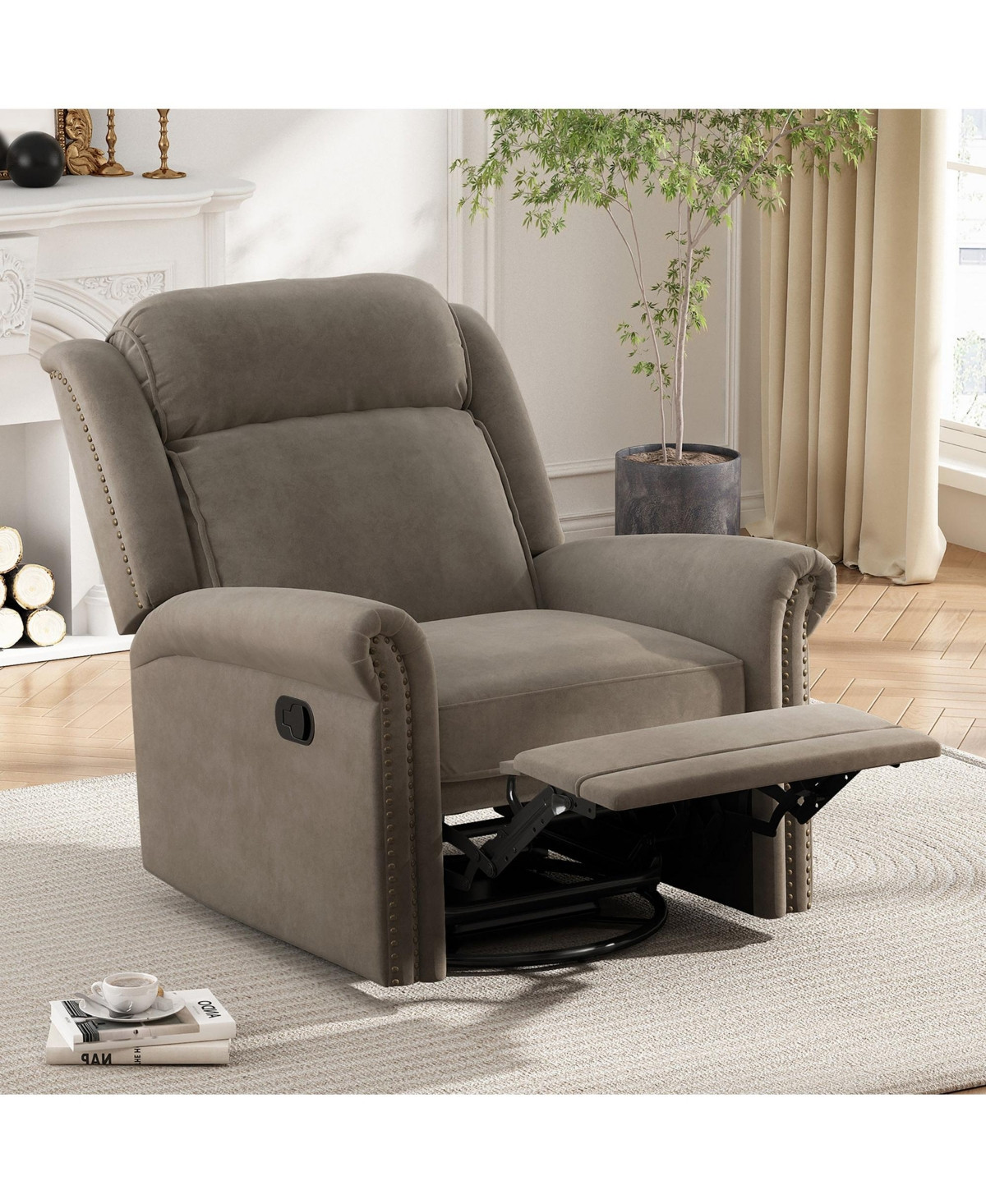 Clihome Velvet Swivel Rocking Chair, Modern Upholstered Glider Chair Adjustable Backrest Recline - Light brown | Macy's