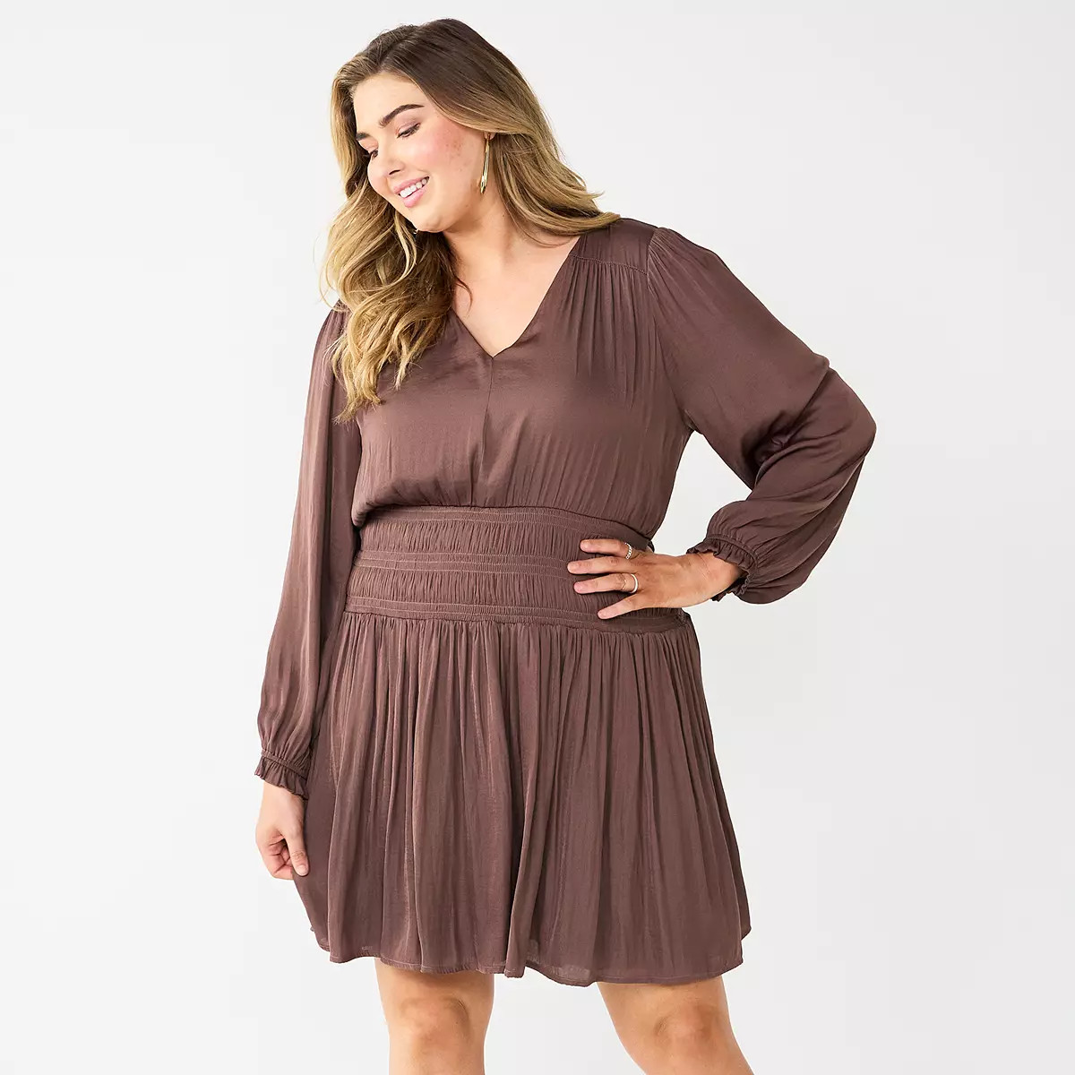 Plus Size Nine West Long Sleeve Smocked Mini Dress | Kohl's
