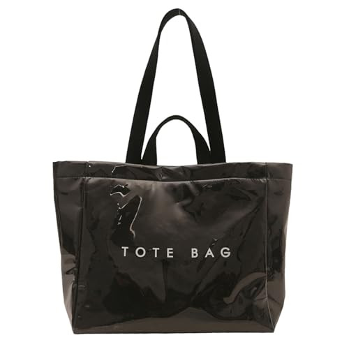OWGSEE PVC Tote Bag for Women Solid Color Large Letter Print Tote Bag Kraft Paper Clear Plastic Shoulder Handbag(Black) | Amazon (US)