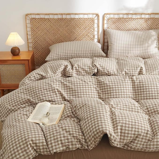 Nayoroom Gingham Duvet Cover Twin Size 100% Washed Cotton Brown Tan Plaid Checkered Comforter Cov... | Amazon (US)