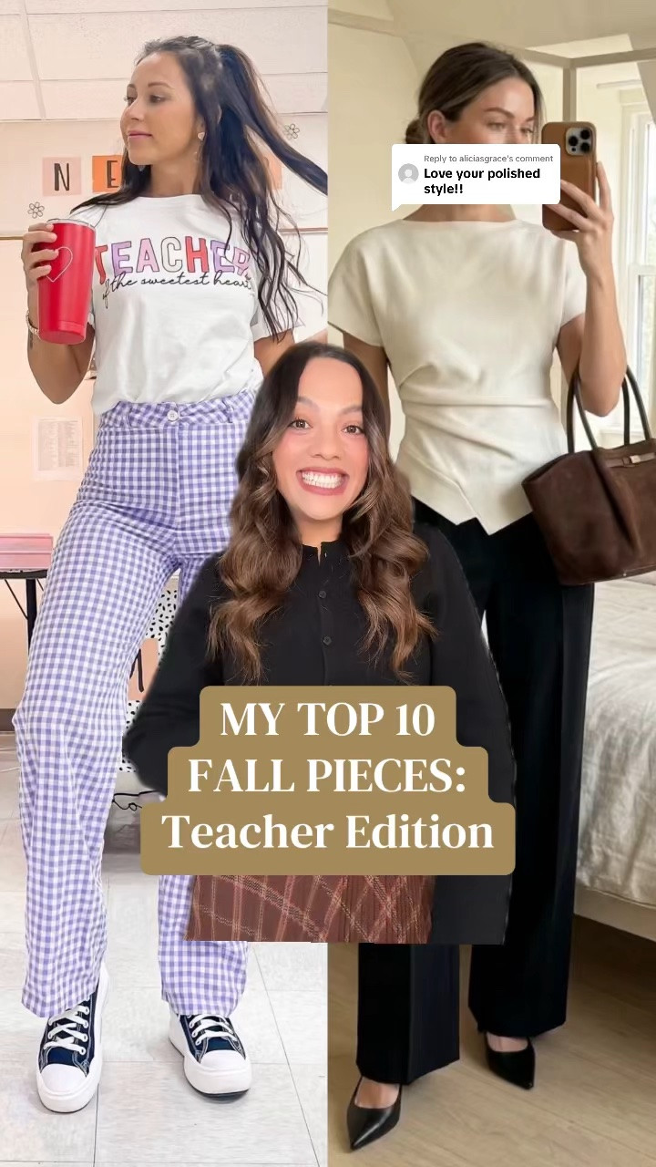My top 10 favourite teacher pieces for a fall!

1. Aritzia burgundy plaid pleated midi skirt, I have a size medium.
2. Dissh black cardigan with curved sleeves and cinched waist, I have a size medium.
3. Aritzia taupe barrel leg trousers, I have a size 10.
4. Aritzia silky black blouse, I have a size medium.
5. Aritzia high-rise black tailored trousers, I have a size 10.
6. Reformation chartreuse satin coat, I have a size large.
7. Aritzia dark gray polo long sleeve sweater, I have a size medium.
8. Reformation copper cardigan, I have a large. 
9. Aritzia brown and white polka dot dress, similar linked. 
10. Aritzia brown plaid funnel-neck jacket, I have a medium.

#LTKworkwear #LTKfall #LTKstyletip