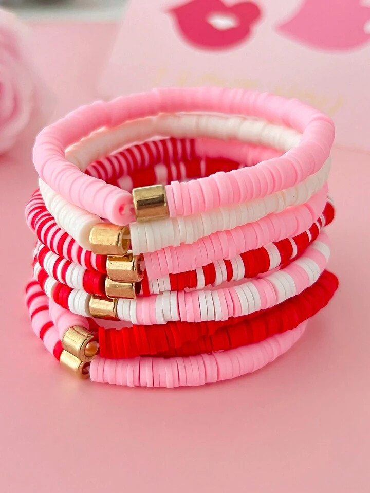 8pcs/Set Elegant Romantic Valentine's Day Design Pink Clay Beaded Bracelets, Simple Stacking Stre... | SHEIN