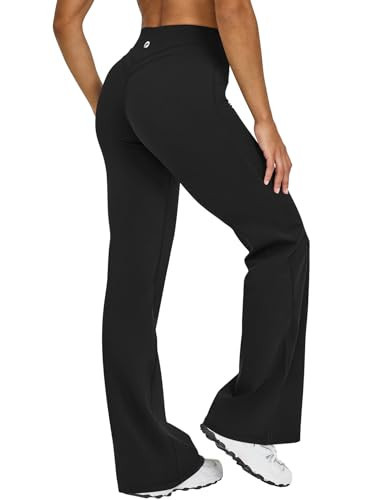 OQQ Yoga Pants Women High Waist Crossover Stretch Casual Soft Straight Leg Bottoms with Pockets Black Long | Amazon (US)