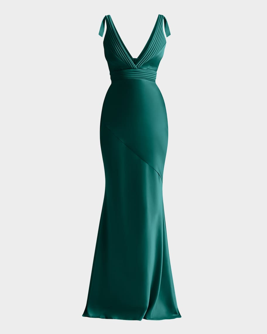 ZHIVAGO Beloved Deep V-Neck Stretch Satin Gown | Neiman Marcus